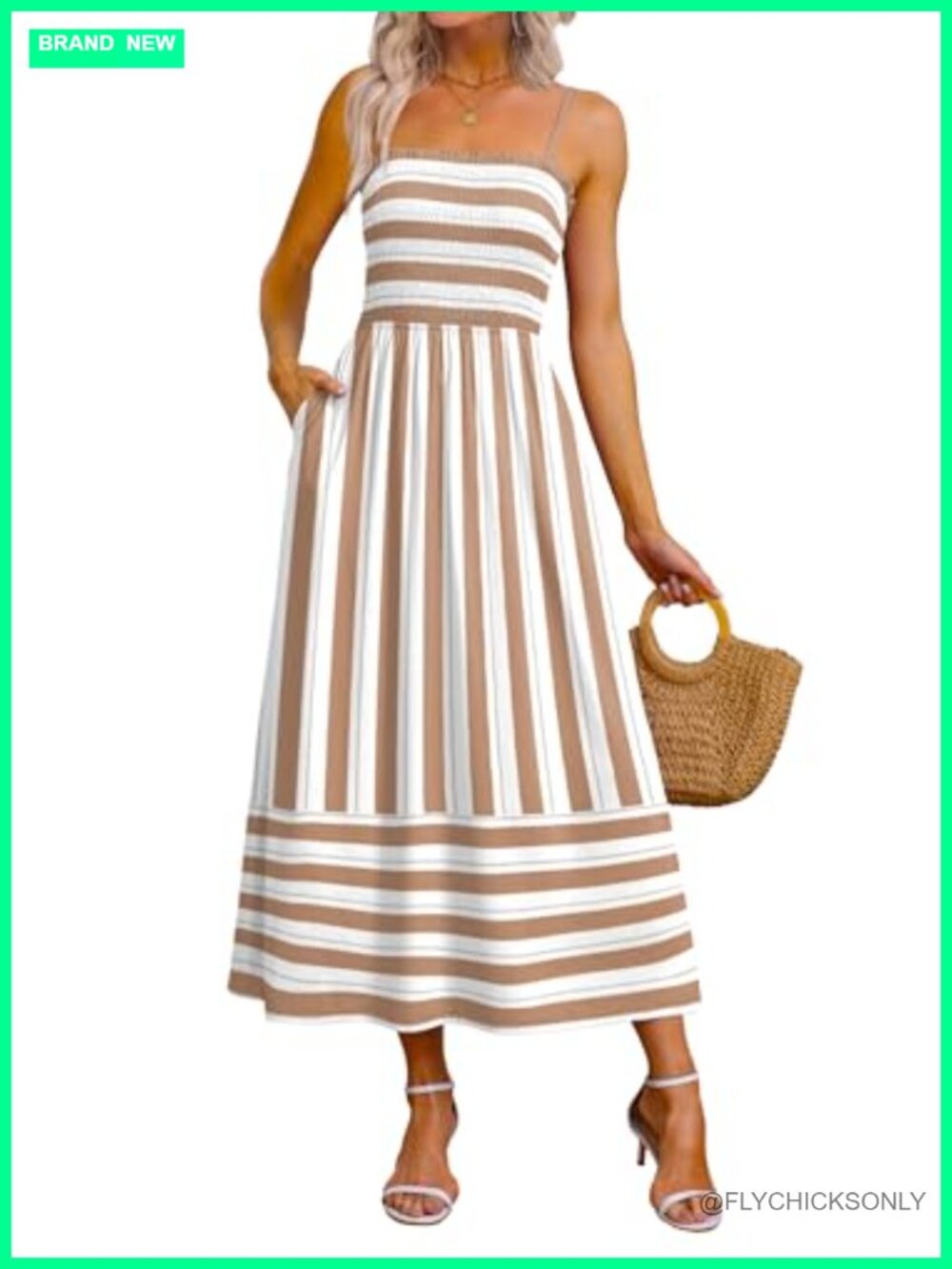 Spaghetti Strap Maxi Dress Smocked Pockets Flowy Boho Beach Sundress